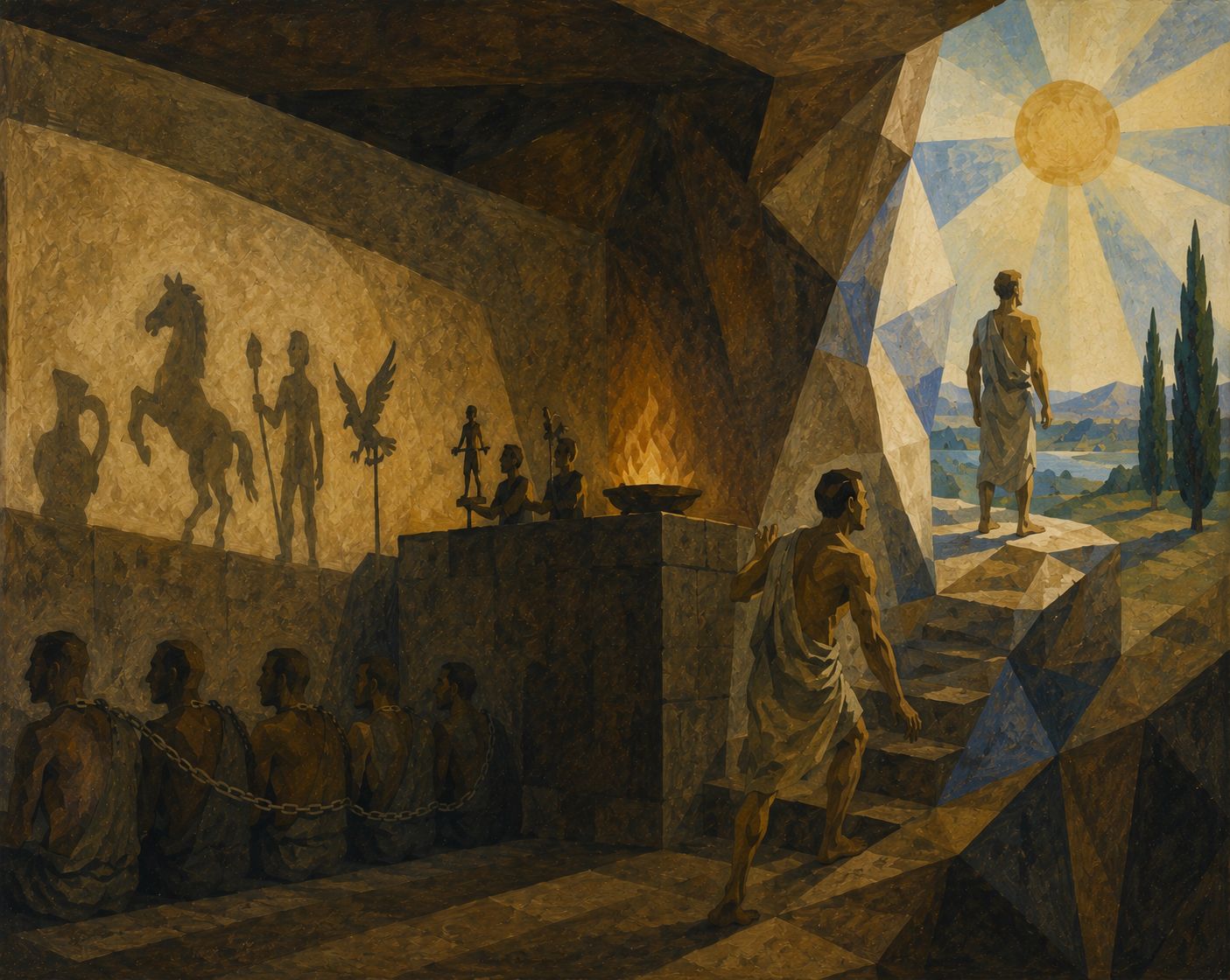 An AI Depction of Plato's Cave as a 20th Century Painting.