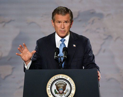 President George W. Bush delivering remarks about Iraq and connections with al-Qaeda in 2002