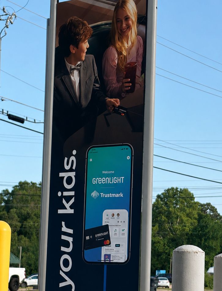 A picture of a sign for a Greenlight branded card at a bank.
