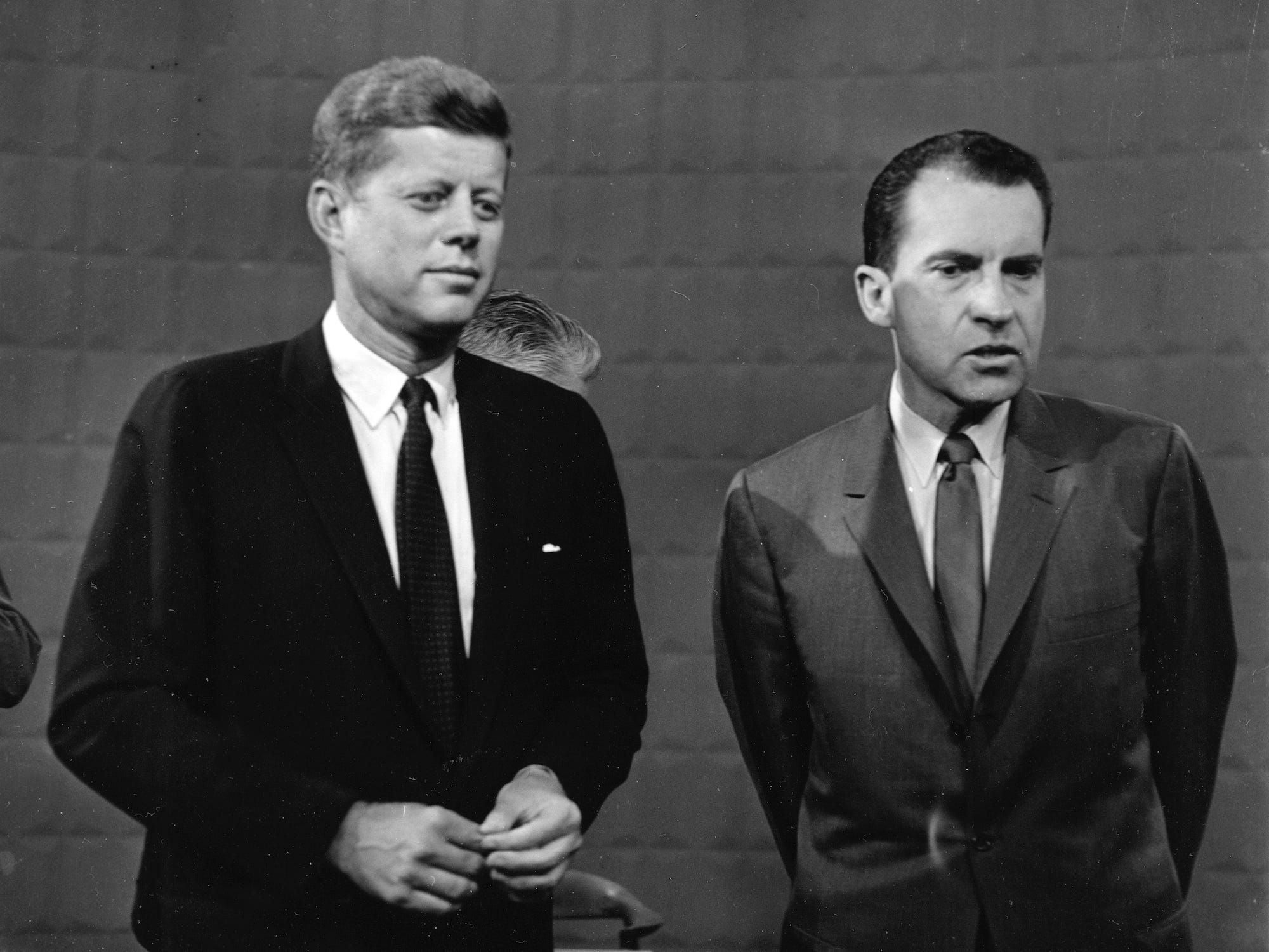 John F. Kennedy and Richard M. Nixon at the televised debate site, 1960.