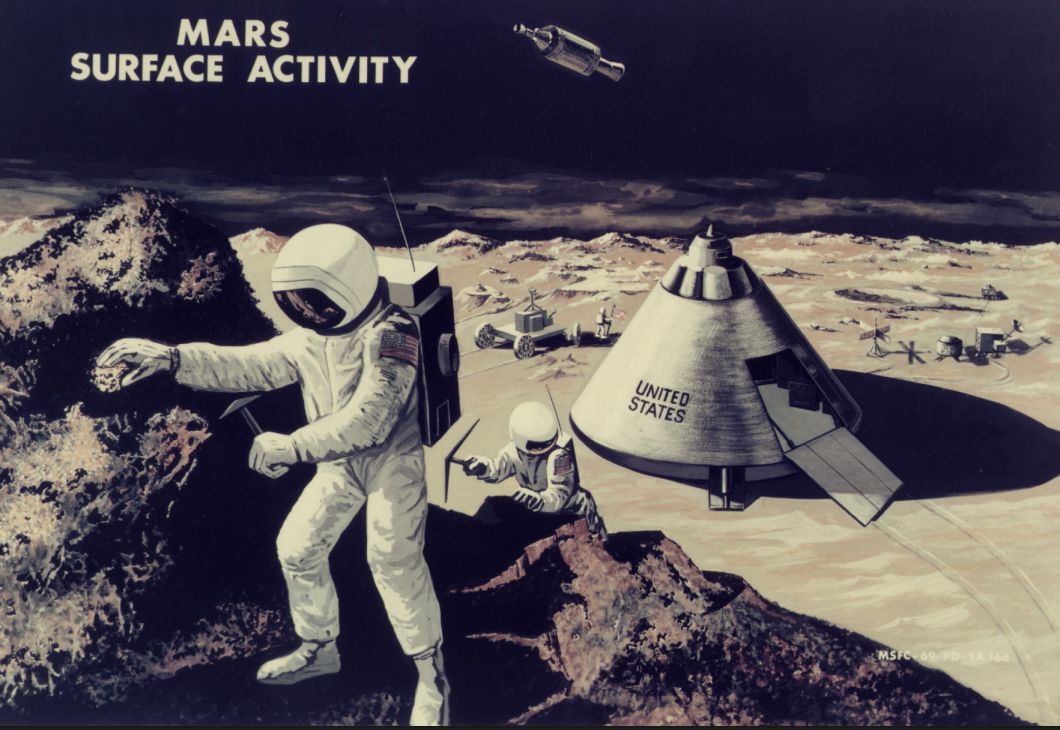 An illustration of a planned US landing in Mars in the 1980s. Shown in a report to President Nixon in 1969.
