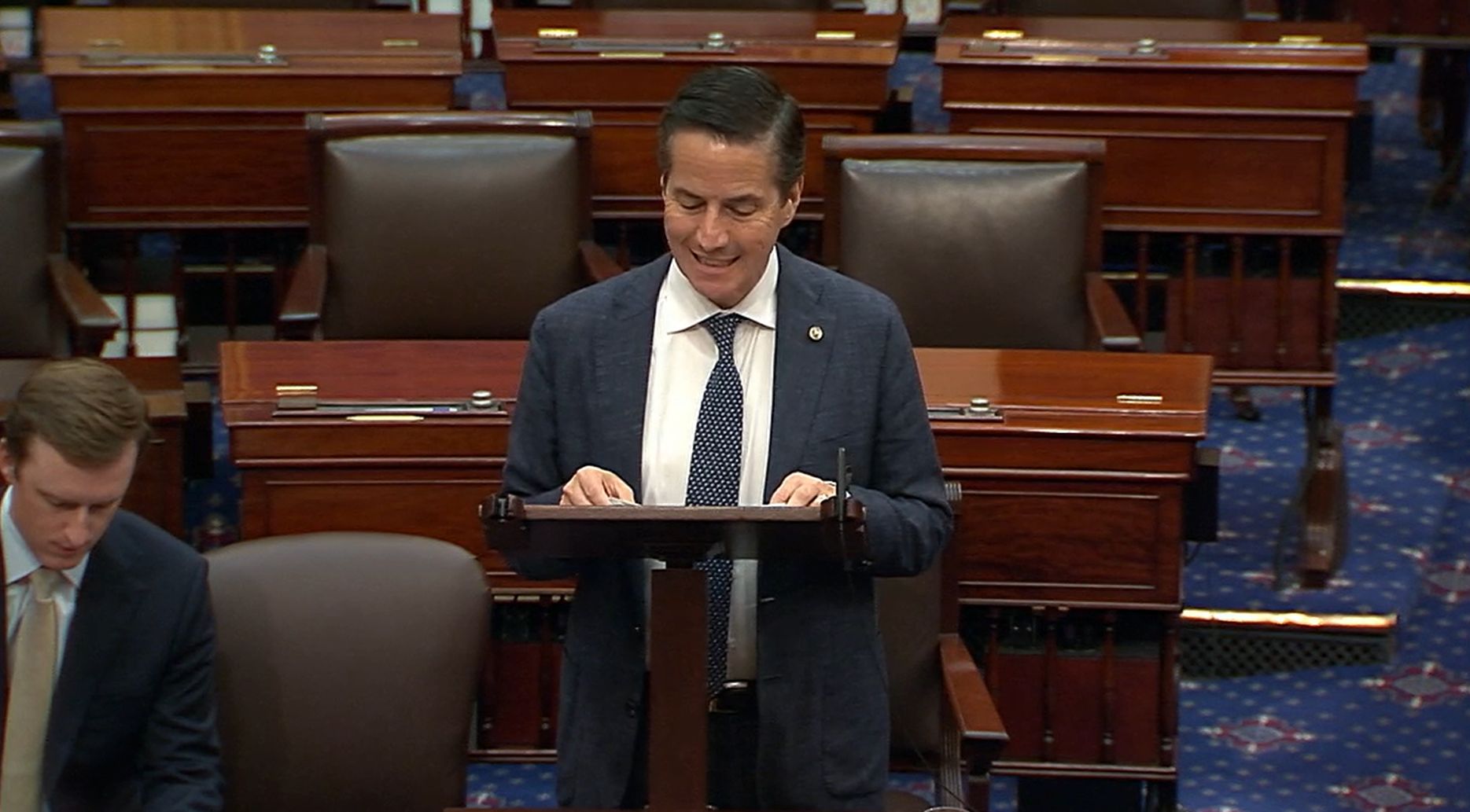 A picture of a mostly empty United States Senate at 10:55pm, when the bill to end the penny was passed.