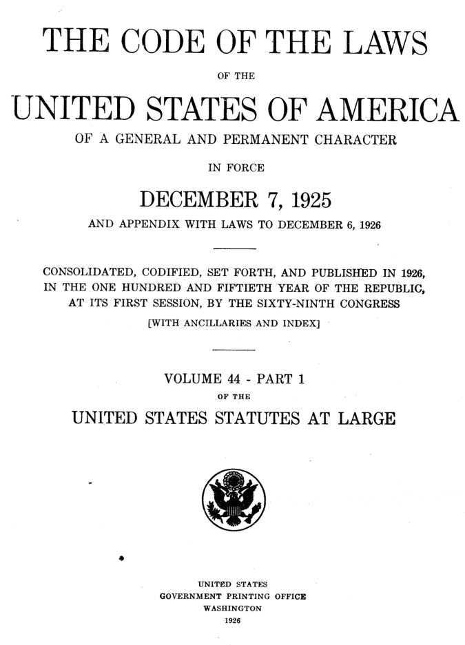 The title page of the US Code in the Statutes at Large, 1926.